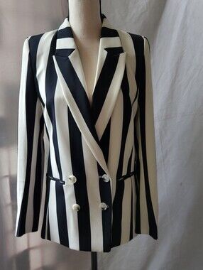 H&M Blue and White Vertical-Stripe Double-Breasted Blazer